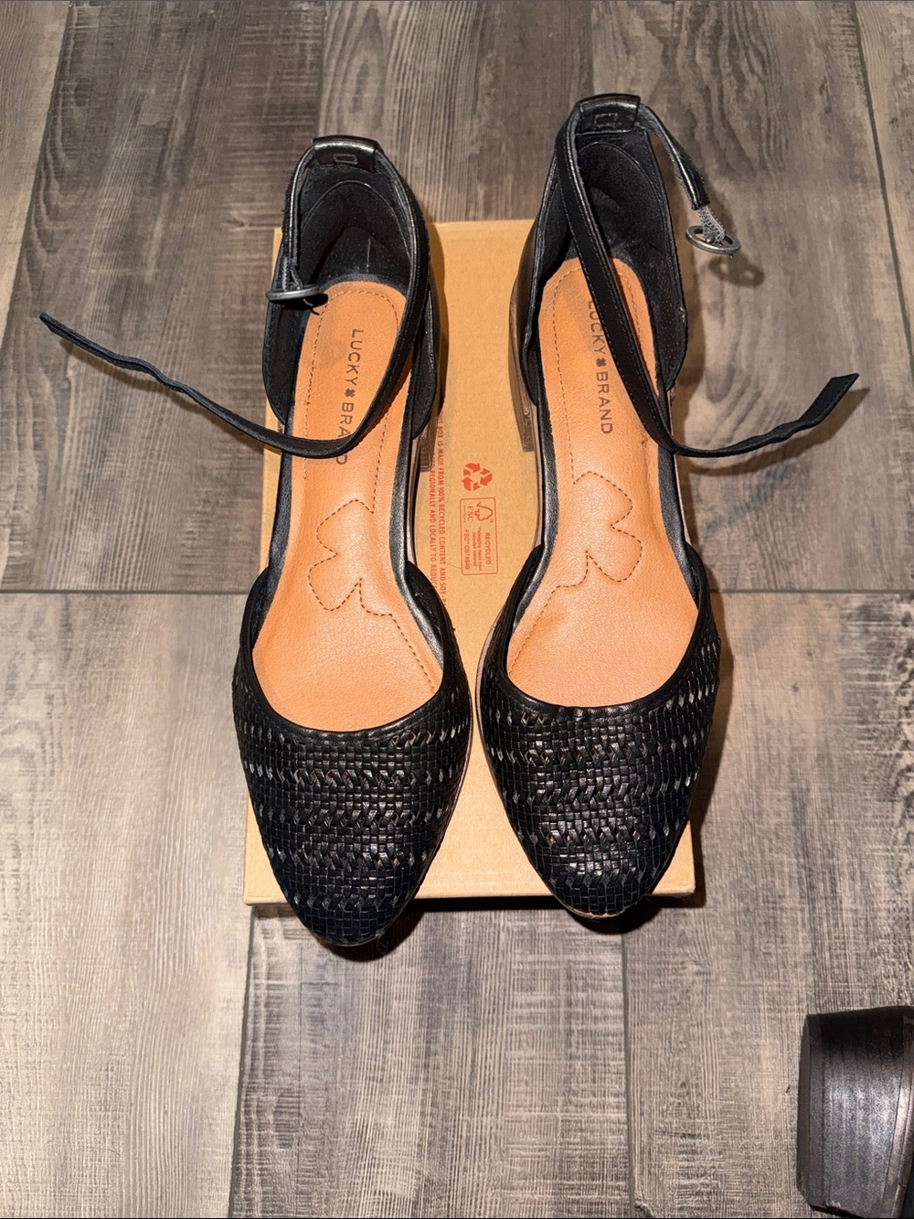 Lucky Brand women’s 8m Black Woven Ankle-Strap Heels